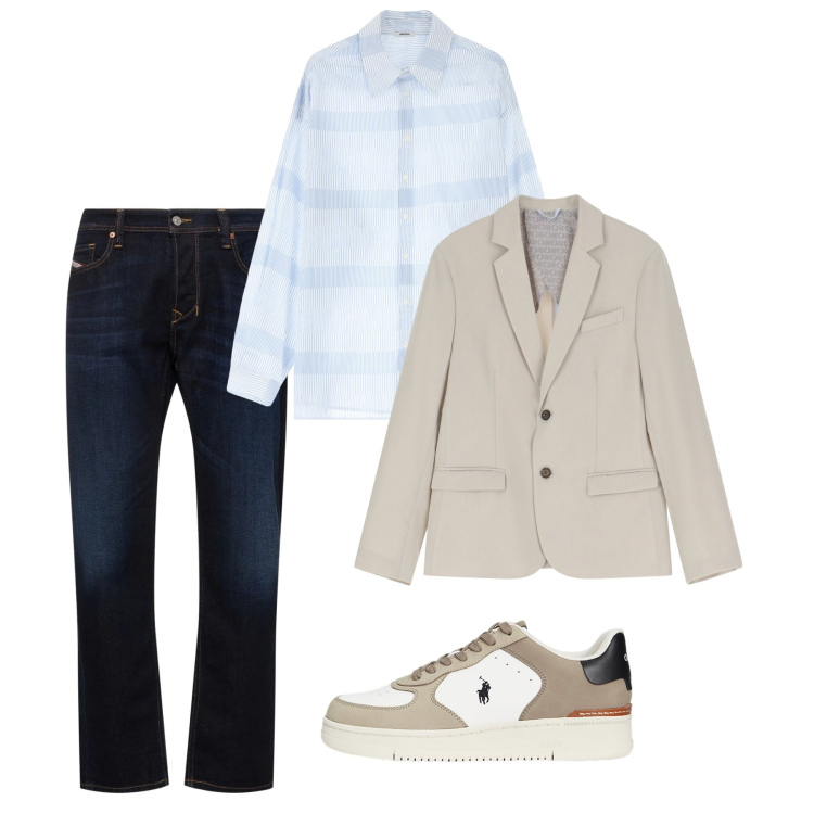 Outfit uomo - Beige e blu. Stile Casual per Tutti i giorni. Abbinamento con camicie, giacche, sneakers, jeans dritti.