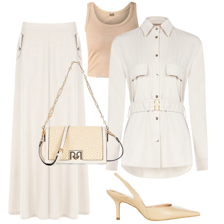 Outfit donna - Total look #2103074. Stile Casual chic per Ufficio. Abbinamento con gonne lunghe, blazer, décolleté, borse a tracolla, canottiere.