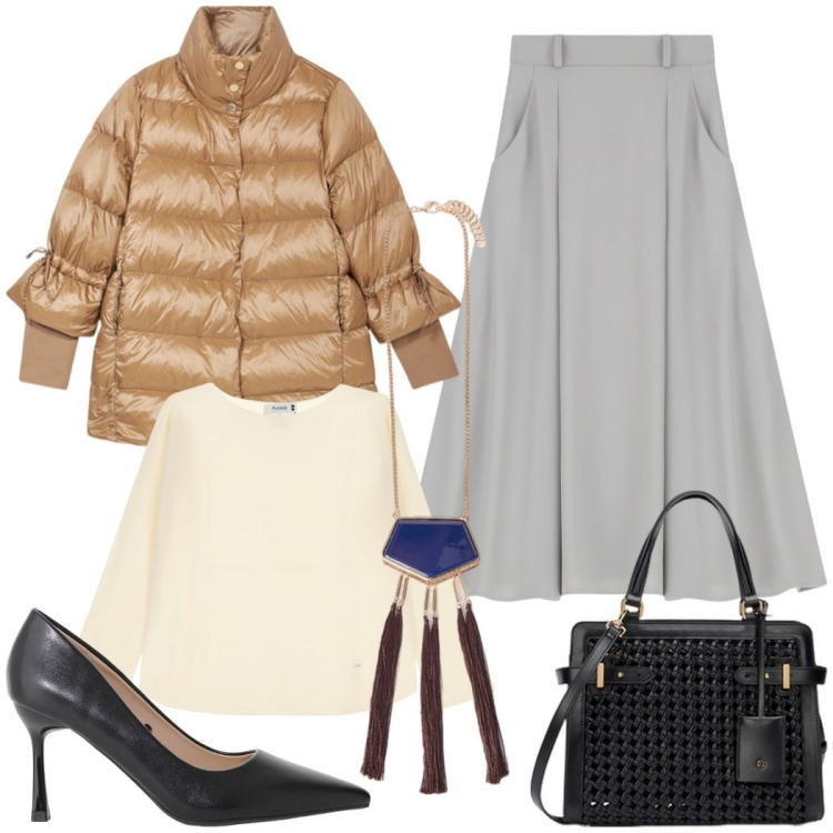 Outfit donna - A cena fuori. Stile Bon Ton per Serata fuori. Abbinamento con pullovers, gonne lunghe, décolleté, piumini, ciondoli, borse a mano.