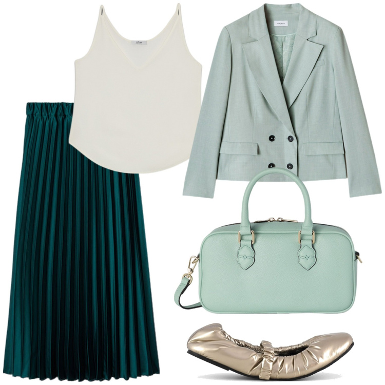 Outfit donna - Gonna plissé. Stile Casual chic per Serata fuori. Abbinamento con ballerine, gonne longuette, top, borse a mano, blazer.