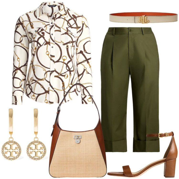Outfit donna - Outfit giorno. Stile Chic per Tutti i giorni. Abbinamento con cinture, sandali in pelle, camicie, pantaloni, borse a spalla, orecchini.