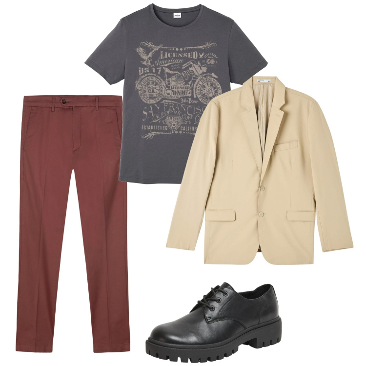 Outfit uomo - In tshirt. Stile Casual per Tutti i giorni. Abbinamento con t-shirt, giacche, scarpe stringate, pantaloni chino.