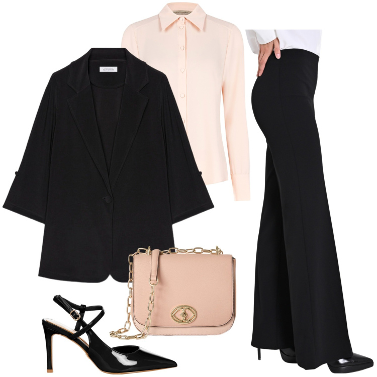 Outfit donna - Total look #2103111. Stile Chic per Ufficio. Abbinamento con pantaloni a palazzo, décolleté, camicie, blazer, borse a tracolla.