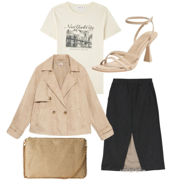 Outfit donna - Spacco. Stile Chic per Tutti i giorni. Abbinamento con borse a tracolla, sandali col tacco, t-shirt, gonne, trench.