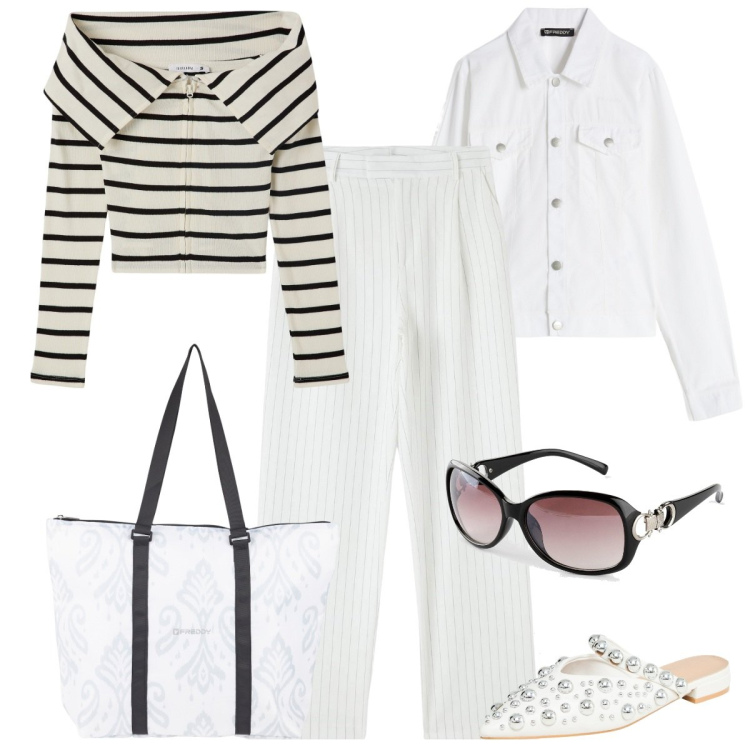 Outfit donna - Il cardigan a righe. Stile Casual chic per Mare. Abbinamento con occhiali da sole, ballerine, pantaloni, cardigans, shopping bag, blazer.
