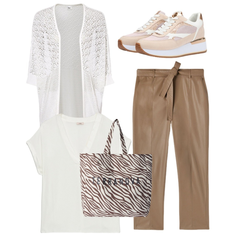 Outfit donna - Casual in città. Stile Casual per Tutti i giorni. Abbinamento con cardigans, borse tote, sneakers, pantaloni, bluse.
