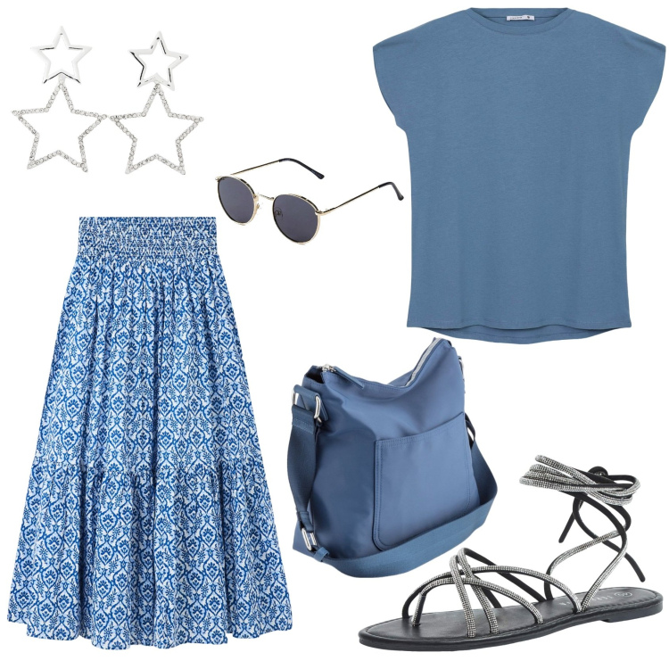 Outfit donna - Mood gipsy. Stile Basic per Tutti i giorni. Abbinamento con occhiali da sole, sandali alla schiava, orecchini, gonne lunghe, t-shirt, borse a tracolla.