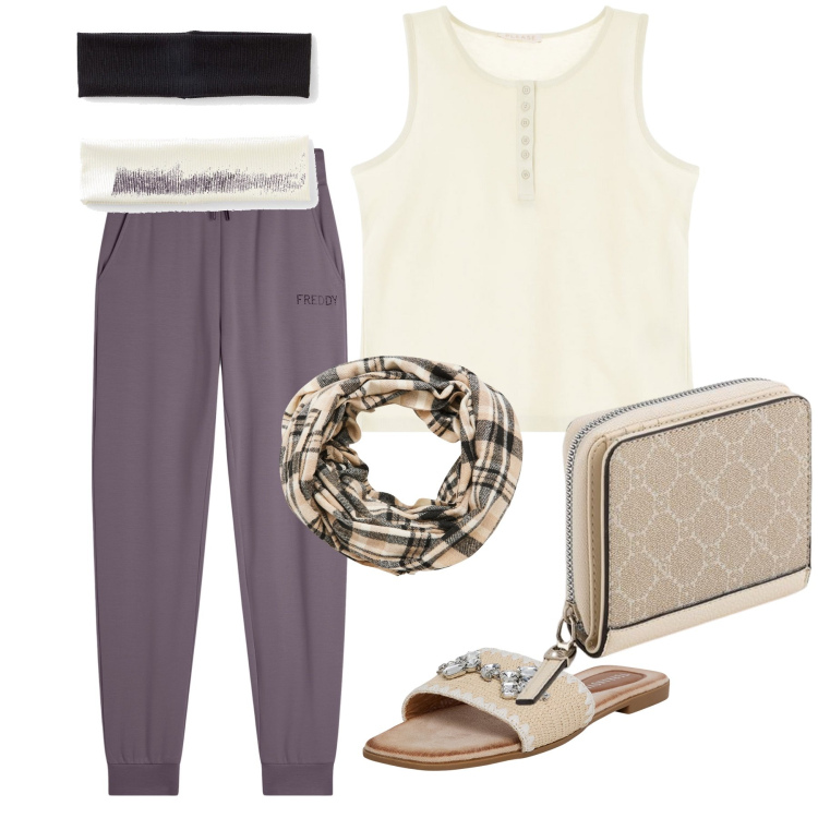 Outfit donna - Comoda in casa mia. Stile Basic per Tutti i giorni. Abbinamento con fasce per capelli, ciabatte, sciarpe, canottiere, pantaloni, portafogli.