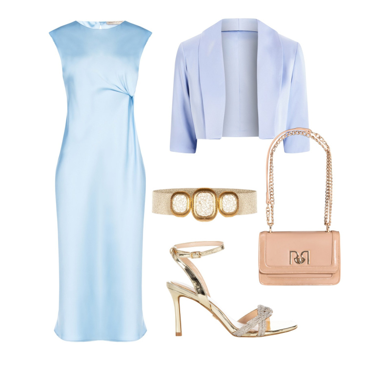 Outfit donna - Cerimonia azzurro cielo & oro. Stile Chic per Cerimonia. Abbinamento con vestiti midi/longuette, cinture, borse a tracolla, sandali col tacco, bolero.