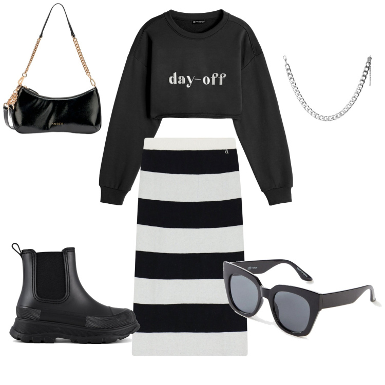 Outfit donna - Più black. Stile Urban per Tutti i giorni. Abbinamento con occhiali da sole, collane, felpe, gonne longuette, stivali, borse a tracolla.
