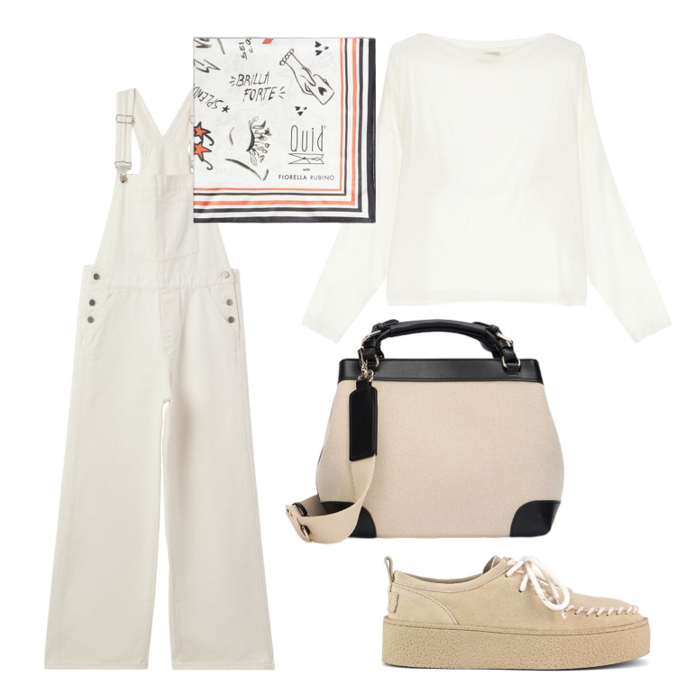 Outfit donna - La tuta versione primavera. Stile Casual chic per Tutti i giorni. Abbinamento con salopette, maglieria, mocassini, borse a mano, foulard.