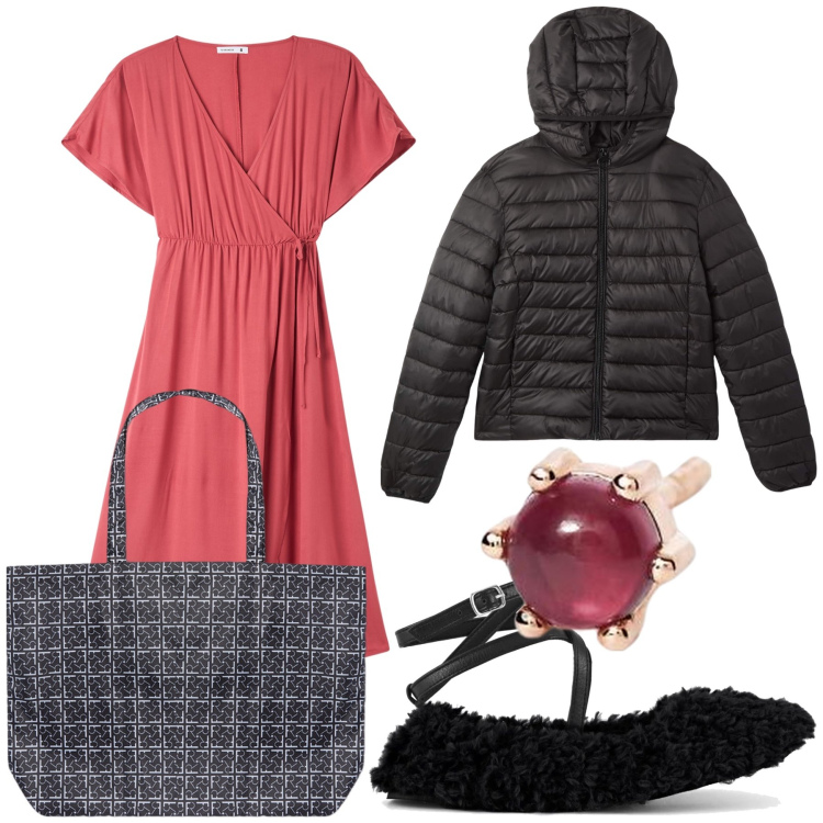Outfit donna - Semplicemente a passeggiare. Stile Trendy per Tutti i giorni. Abbinamento con vestiti lunghi, piumini, orecchini, shopping bag, ballerine.