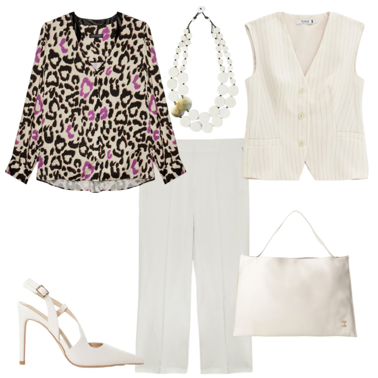 Outfit donna - Pranzo fuori. Stile Bon Ton per Serata fuori. Abbinamento con gilet, décolleté, borse a spalla, camicie, pantaloni, ciondoli.