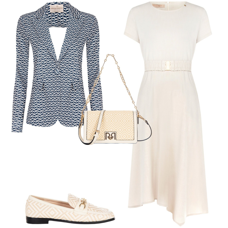 Outfit donna - Total look #2103161. Stile Bon Ton per Cerimonia. Abbinamento con blazer, vestiti midi/longuette, borse a tracolla, mocassini.