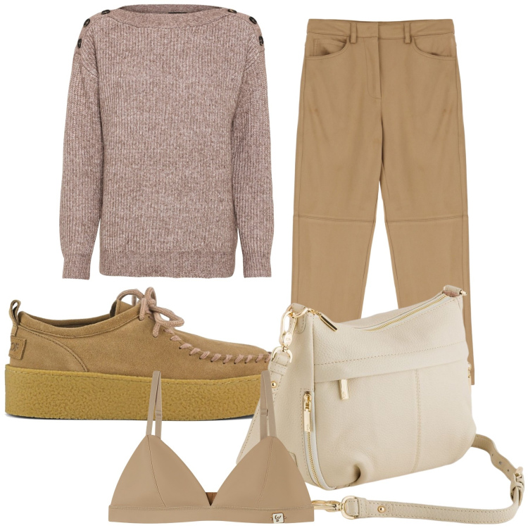 Outfit donna - Sabbia. Stile Casual chic per Tutti i giorni. Abbinamento con maglieria, pantaloni chino, reggiseni, mocassini, borse a tracolla.