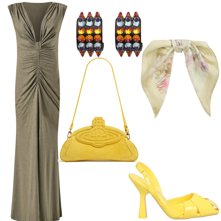 Outfit donna - Verde silhouette. Stile Glamour per Serata fuori. Abbinamento con orecchini, décolleté, vestiti lunghi, foulard, clutch.