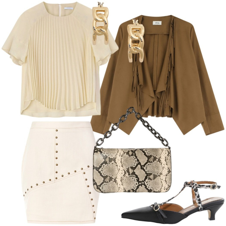 Outfit donna - A cena fuori. Stile Etnico per Serata fuori. Abbinamento con décolleté, blazer, minigonne, orecchini, borse a tracolla, bluse.