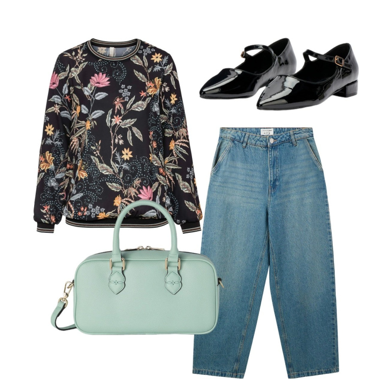 Outfit donna - Fiori e jeans. Stile Casual chic per Tutti i giorni. Abbinamento con bluse, jeans, ballerine, borse a mano.