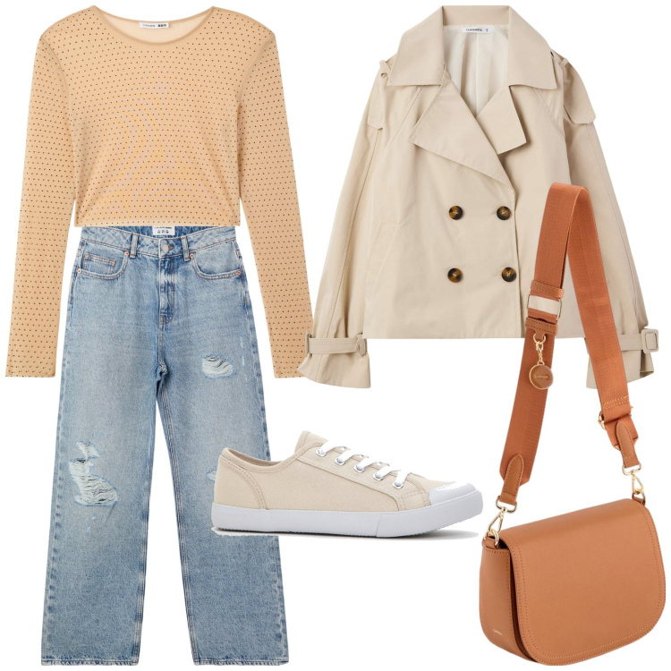 Outfit donna - Total look #2103178. Stile Minimal per Tutti i giorni. Abbinamento con sneakers, jeans strappati, trench, maglieria, borse a tracolla.
