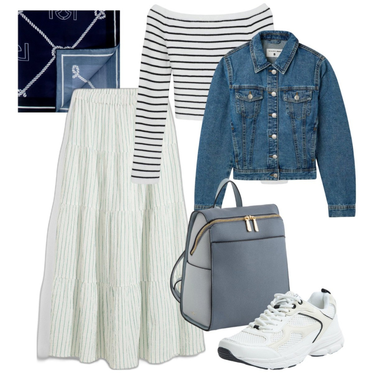 Outfit donna - Viva le righe!. Stile Romantica per Tutti i giorni. Abbinamento con gonne lunghe, maglieria, blazer, sneakers, foulard, zaini.