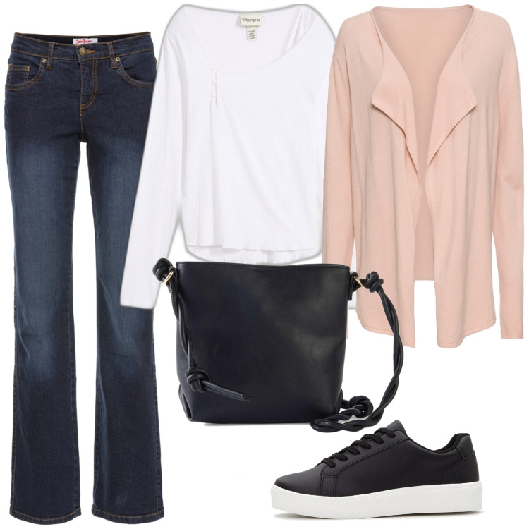 Outfit donna - Total look #2103193. Stile Basic per Tutti i giorni. Abbinamento con jeans dritti, cardigans, maglieria, sneakers, borse a tracolla.