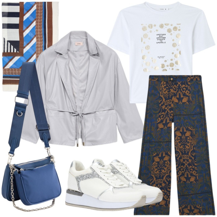 Outfit donna - Primavera casual chic. Stile Casual chic per Tutti i giorni. Abbinamento con t-shirt, foulard, pantaloni a palazzo, pochette, blazer, sneakers.