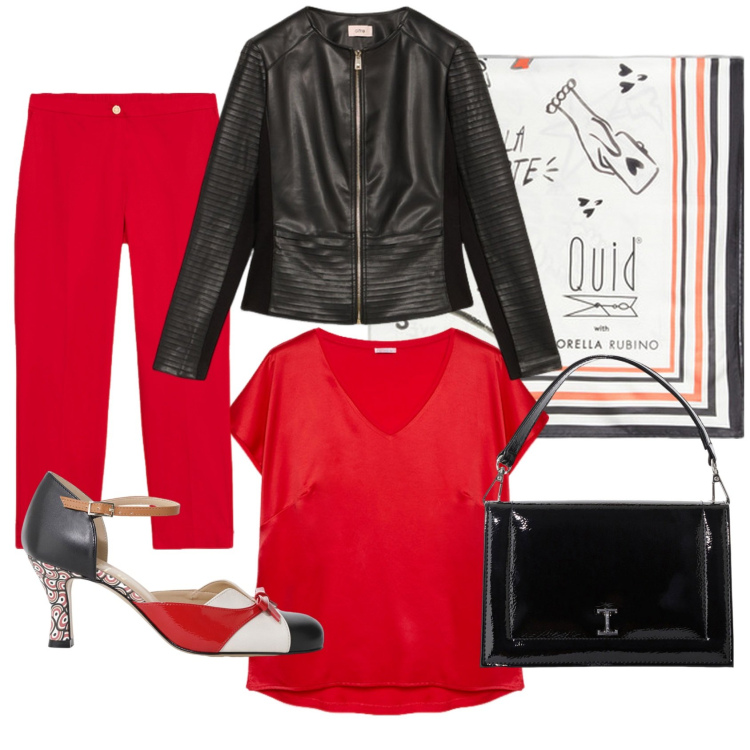 Outfit donna - Rosso addicted. Stile Glamour per Tutti i giorni. Abbinamento con borse a tracolla, décolleté, t-shirt, giacche, pantaloni, foulard.
