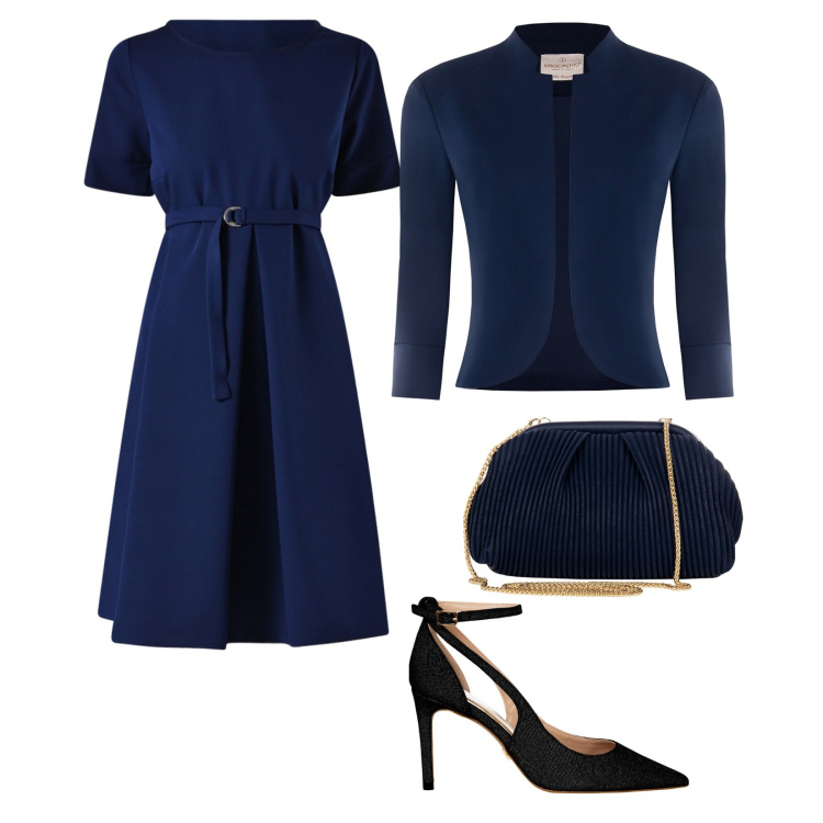 Outfit donna - Cena formale in blu. per Serata fuori. Abbinamento con pochette, bolero, décolleté, vestiti lunghi.