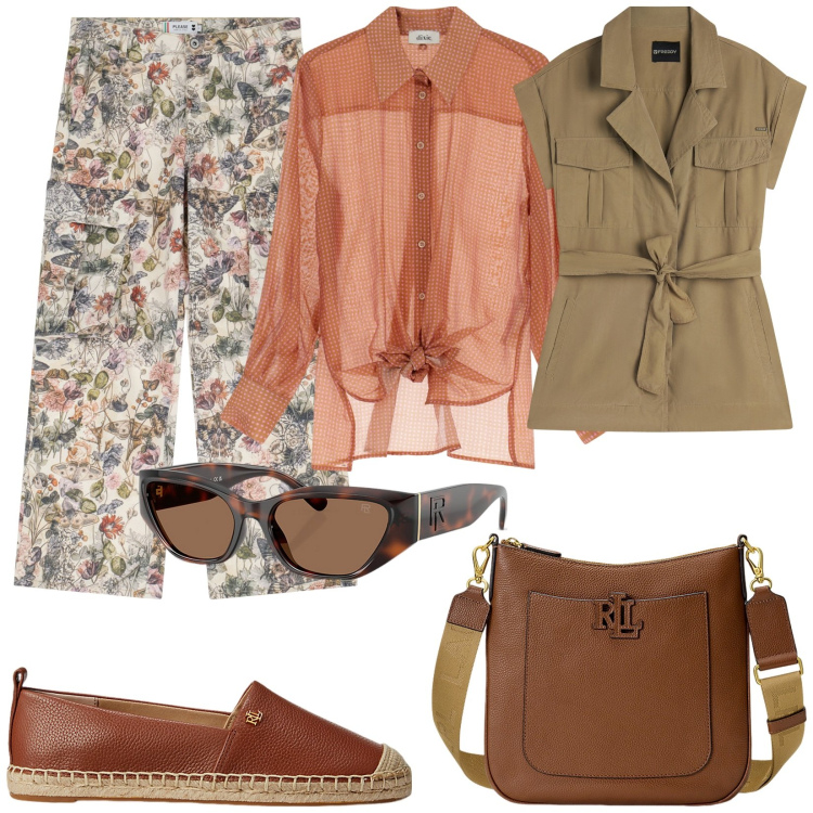 Outfit donna - Utility soft. Stile Trendy per Tutti i giorni. Abbinamento con pantaloni cargo, trench, camicie, borse a tracolla, occhiali da sole, espadrillas.