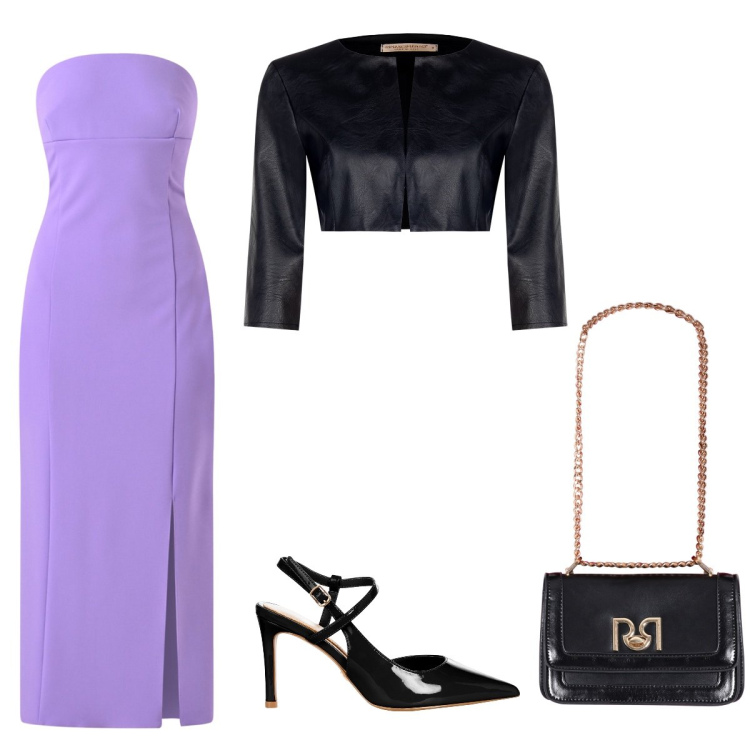 Outfit donna - Cerimonia viola e nera. Stile Chic per Cerimonia. Abbinamento con bolero, vestiti midi/longuette, décolleté, borse a tracolla.