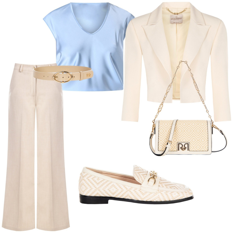 Outfit donna - Battesimo del nipotino. per Cerimonia. Abbinamento con pantaloni, bluse, mocassini, bolero, borse a tracolla, cinture.