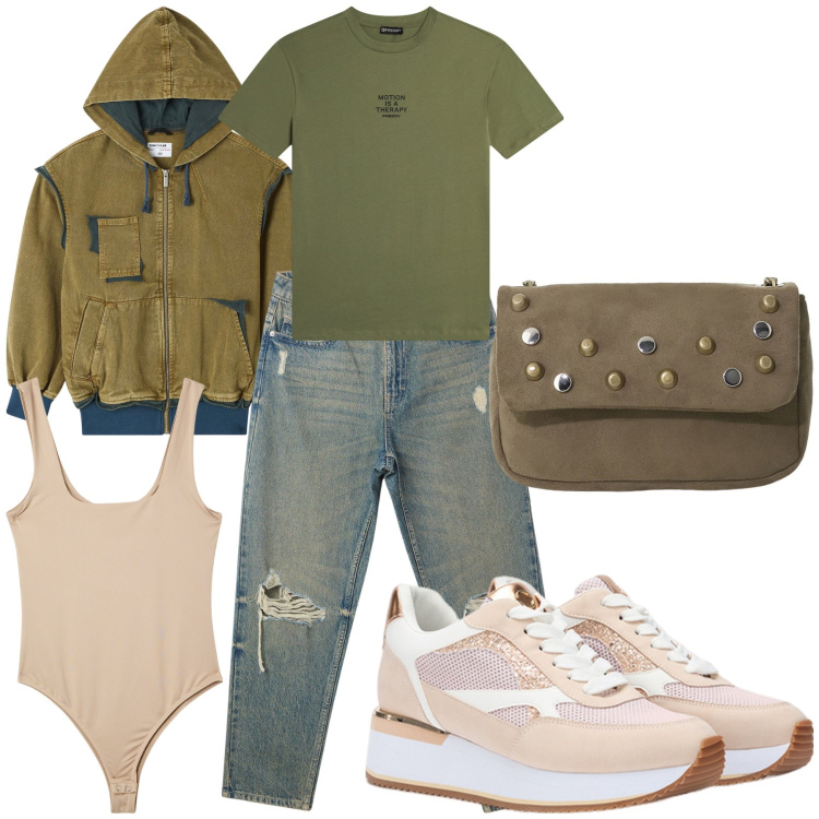Outfit donna - Total look. Stile Casual per Tutti i giorni. Abbinamento con body, bomber, jeans mom, borse a tracolla, t-shirt, sneakers.