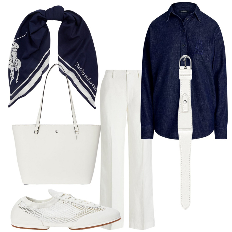 Outfit donna - Basic di classe. Stile Basic per Tutti i giorni. Abbinamento con camicie, orologi, borse tote, sciarpe, ballerine, pantaloni.