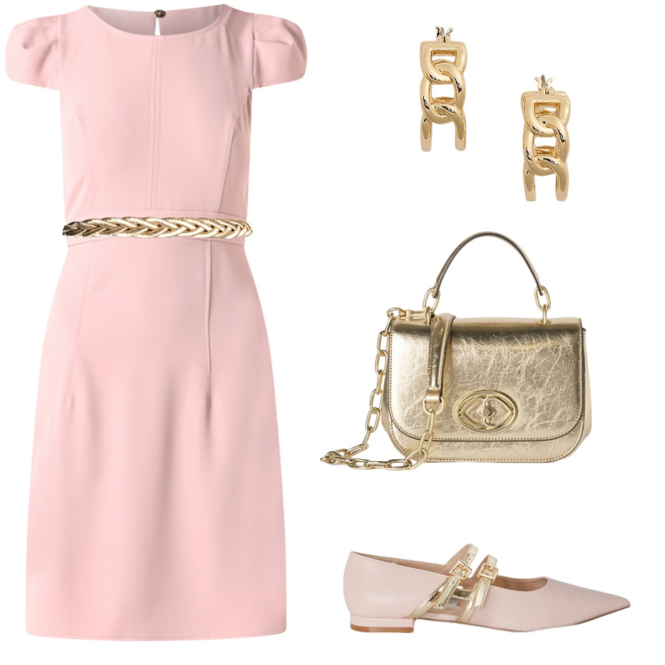 Outfit donna - Ballerine pink & gold!. Stile Chic per Cerimonia. Abbinamento con vestiti corti, cinture, orecchini, ballerine, borse a tracolla.