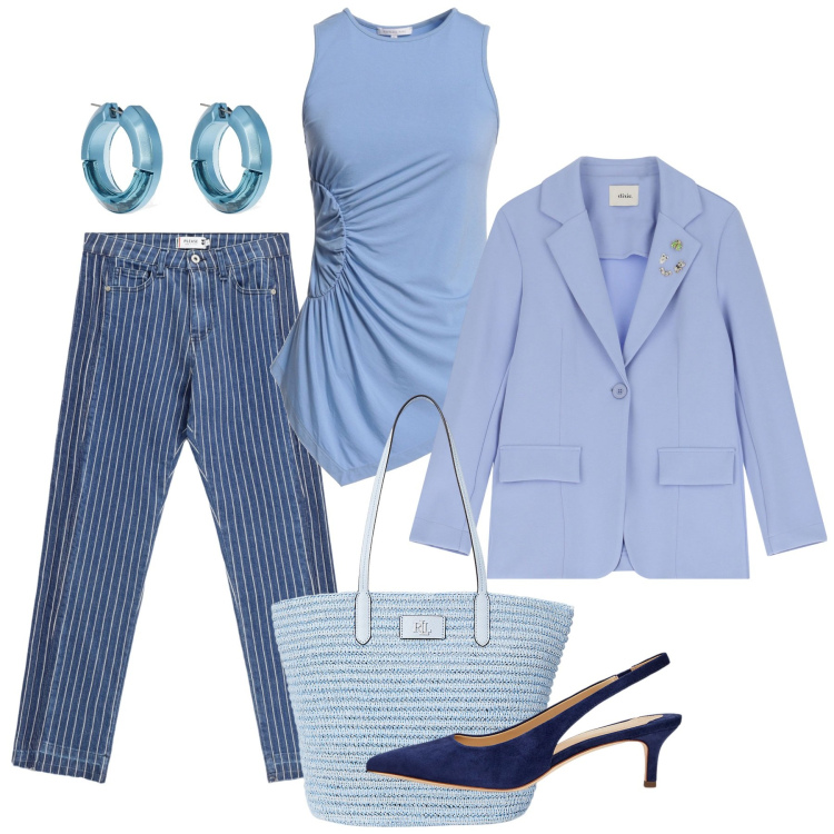 Outfit donna - Azzurro cielo - @angelbeautyeli. Stile Chic per Tutti i giorni. Abbinamento con top, jeans slim fit, blazer, décolleté, borse tote, orecchini.