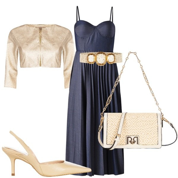 Outfit donna - Blu e oro chic cerimonie. Stile Chic per Cerimonia. Abbinamento con bolero, vestiti midi/longuette, cinture, décolleté, borse a tracolla.