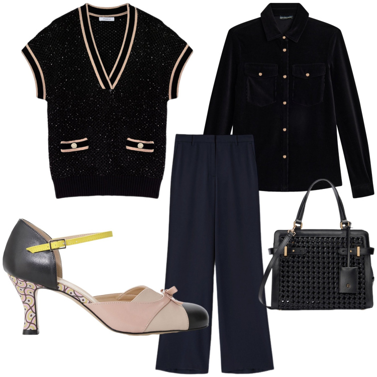 Outfit donna - Gilet luccicante. Stile Chic per Ufficio. Abbinamento con décolleté, camicie, maglieria, borse a mano, pantaloni a palazzo.