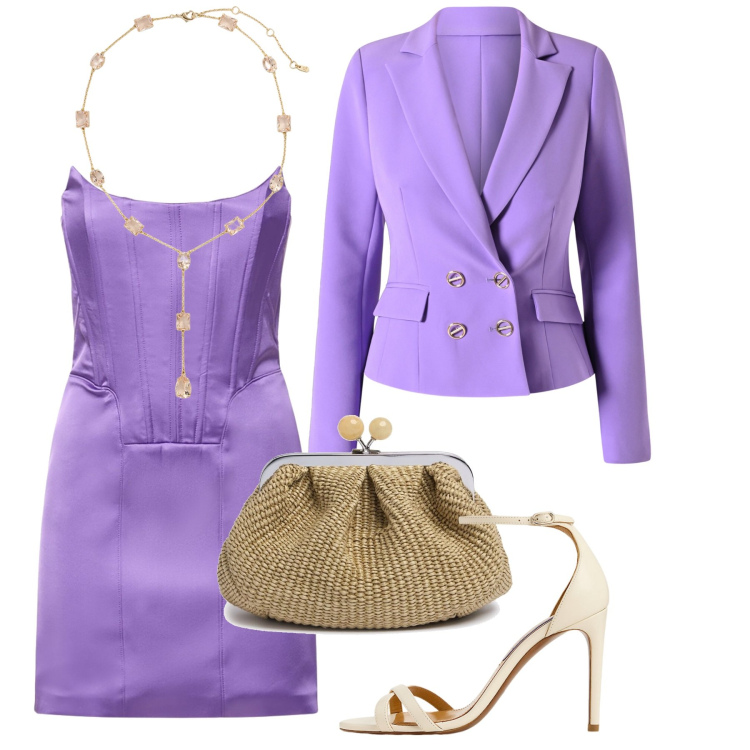 Outfit donna - Cerimonia strapless. Stile Glamour per Cerimonia. Abbinamento con blazer, sandali col tacco, collane, pochette, vestiti.