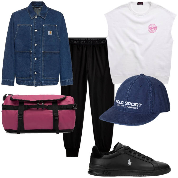 Outfit uomo - Total look #2103229. Stile Casual per Sport. Abbinamento con sneakers, felpe, pantaloni sportivi, berretti, giacche, borse sportive.
