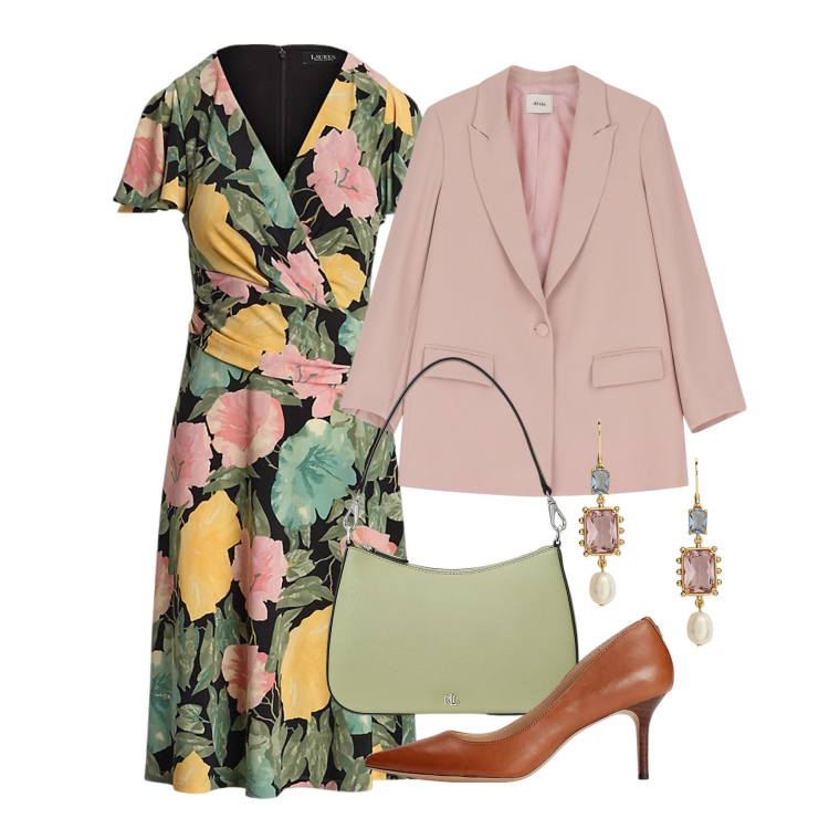 Outfit donna - Aprile in fiore. Stile Chic per Cerimonia. Abbinamento con blazer, borse a spalla, vestiti midi/longuette, décolleté, orecchini.