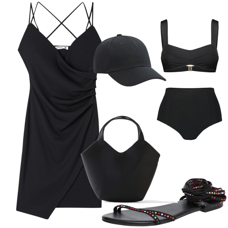 Outfit donna - La spiaggia ha aperto. Stile Trendy per Mare. Abbinamento con borse a mano, cappelli, sandali alla schiava, vestiti, bikini.