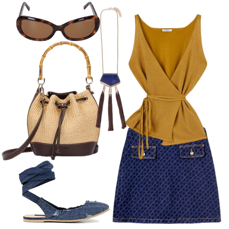 Outfit donna - Ballerine denim. Stile Vintage retrò per Tutti i giorni. Abbinamento con ballerine, top, minigonne, borse a secchiello, ciondoli, occhiali da sole.