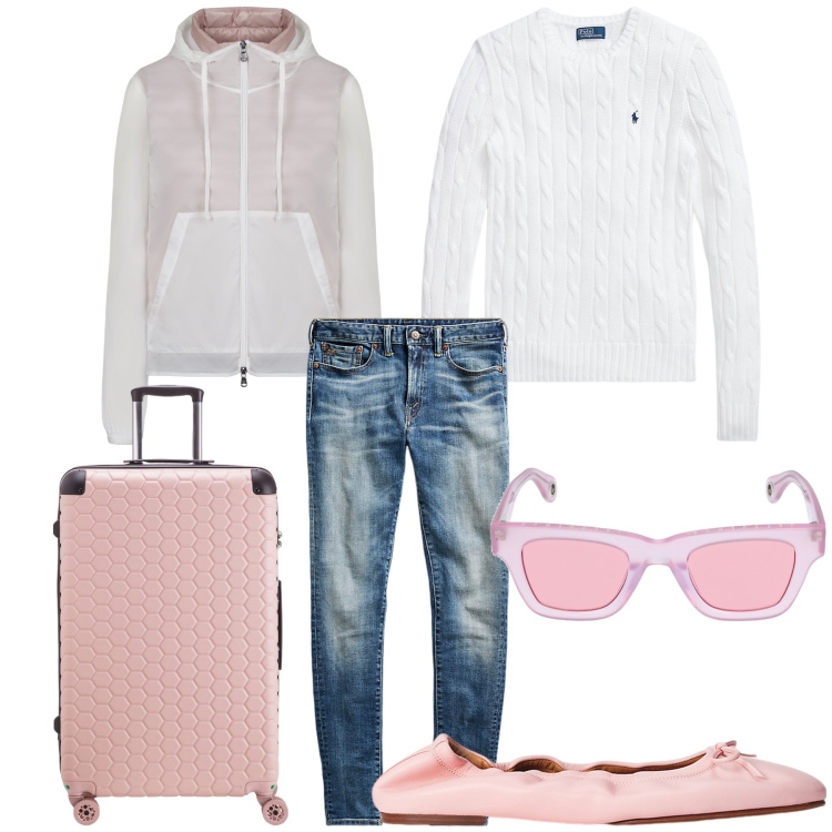 Outfit donna - Viaggio in rosa. Stile Bon Ton per Tutti i giorni. Abbinamento con maglieria, jeans skinny, ballerine, blazer, occhiali da sole, valigie.