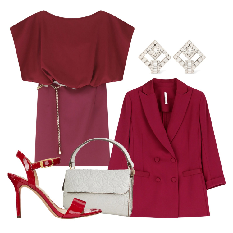 Outfit donna - Cerimonia ciliegia. Stile Glamour per Cerimonia. Abbinamento con marsupi, vestiti corti, blazer, sandali col tacco, orecchini.