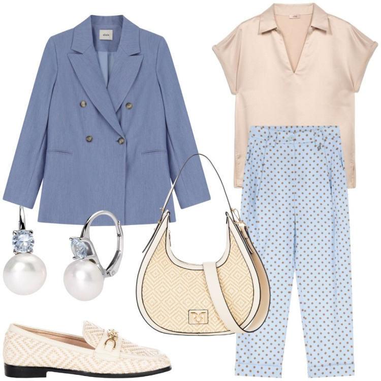 Outfit donna - Color cielo primaverile. Stile Casual chic per Ufficio. Abbinamento con blazer, pantaloni, orecchini, mocassini, borse a mano, t-shirt.