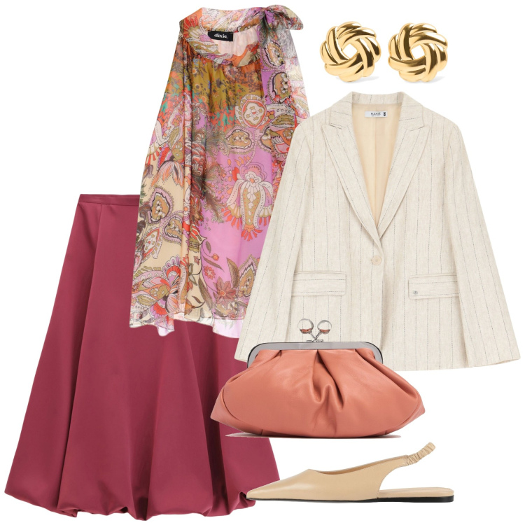 Outfit donna - Mix&match nei toni del blush. Stile Glamour per Cerimonia. Abbinamento con ballerine, blazer, gonne longuette, top, pochette, orecchini.