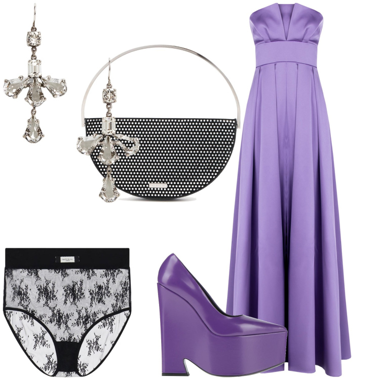 Outfit donna - Una serata fenomenale. Stile Glamour per Serata fuori. Abbinamento con décolleté, slip, vestiti lunghi, orecchini, pochette.