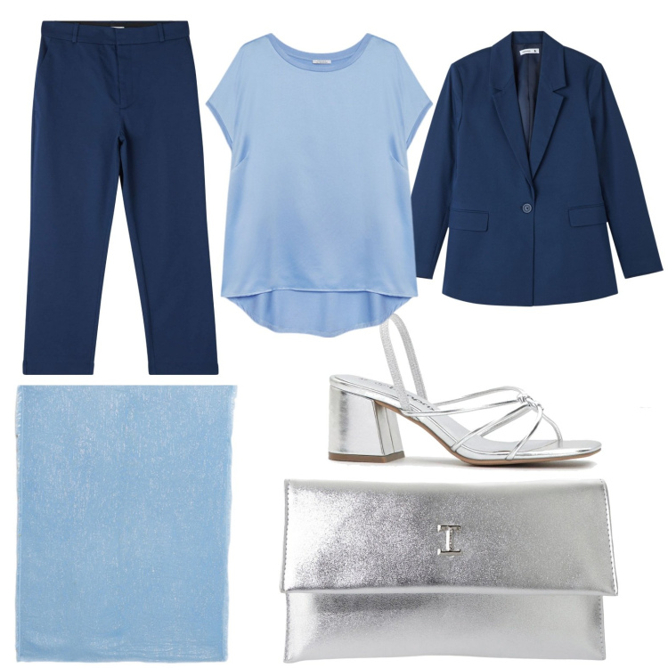 Outfit donna - Sfumature di blu. Stile Casual chic per Cerimonia. Abbinamento con sandali col tacco, pantaloni chino, blazer, pochette, bluse, sciarpe.