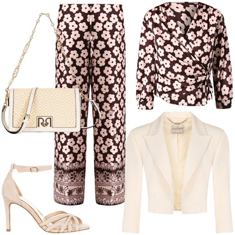 Outfit donna - Outfit a fiori da cerimonia. Stile Glamour per Cerimonia. Abbinamento con pantaloni a palazzo, sandali col tacco, borse a tracolla, bluse, bolero.