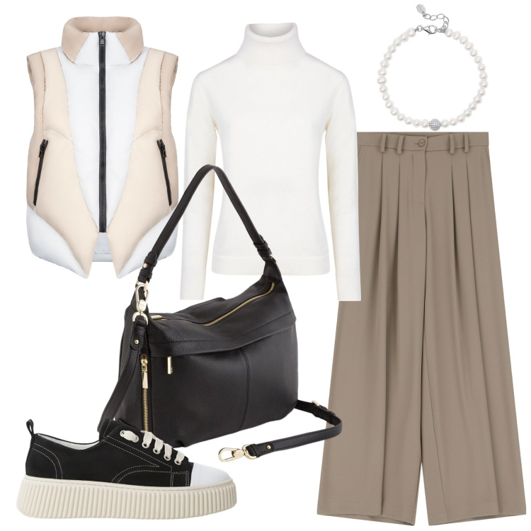 Outfit donna - Minimale urbano. Stile Minimal per Tutti i giorni. Abbinamento con braccialetti, pantaloni, sneakers, piumini, maglieria, borse a tracolla.